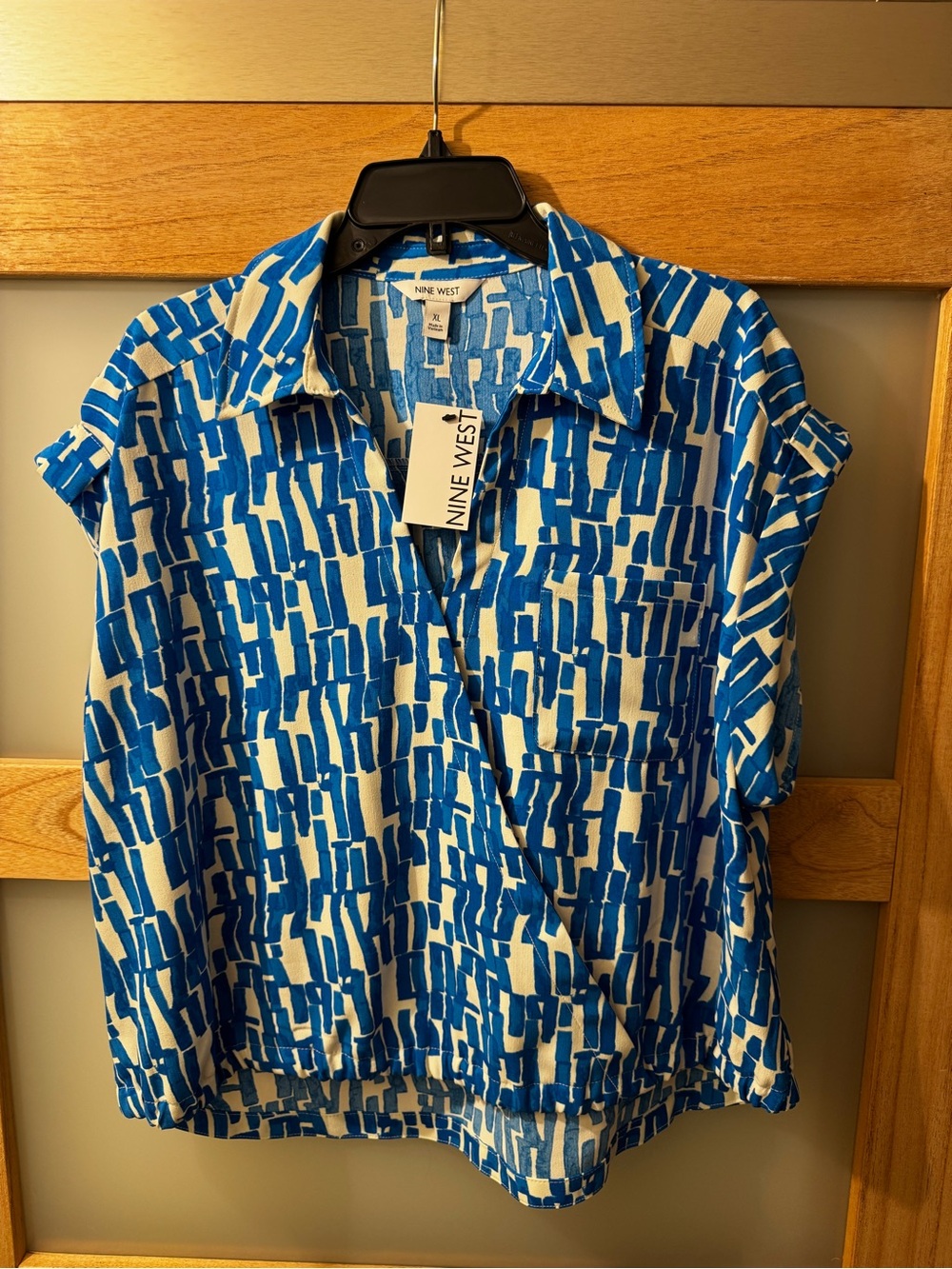 Nine West Blue and White Abstract Print Button-Up Blouse
